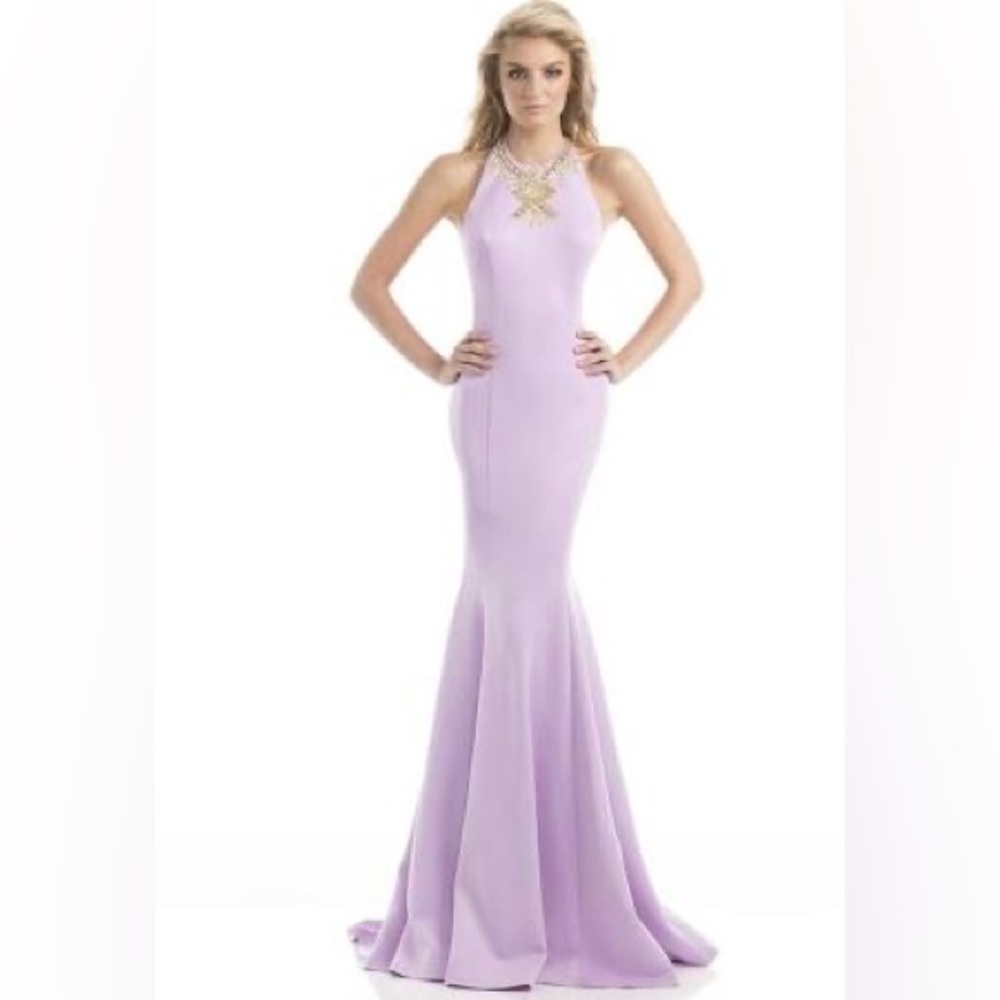 size 0. color lavender. bodycon gown. halter top style. gold beading. open back